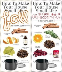 two posters showing how to make your house smell like christmas and how to use it