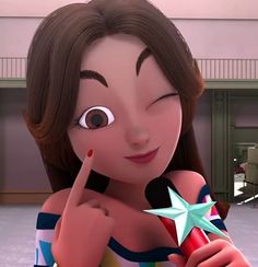 an animated woman holding a star and pointing to the side with her finger in front of her face