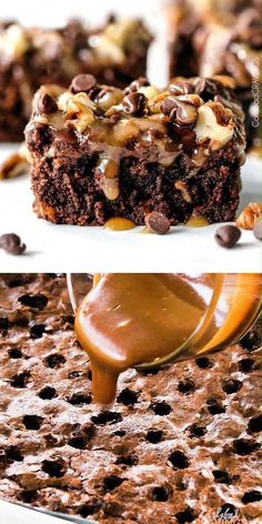 there are two pictures of chocolate brownies with caramel drizzle