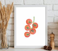 an art print of tomatoes on a white background next to some wheat stalks and a glass vase