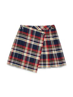 blue cotton check pattern fully pleated wrap design front button fastening Pleated Plaid Cotton Skort, Plaid Pleated Cotton Skort, School Plaid Cotton Skirt, Plaid Cotton Mini Skirt Skort, Cotton Plaid Skirt For School, Plaid Cotton Mini Skort, Plaid Cotton Skirt For School, School Uniform Plaid Skort, School Uniform Plaid Skort For School