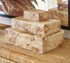 three wooden boxes sitting on top of a wicker table next to a plant in front of a mirror