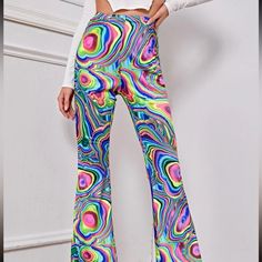 Multicolor Flare Leg Rave Pants Size Xs Never Worn And In Excellent Condition Should Fit Sizes Xs - S Super Vibrant And Perfect For Festivals Neon Rave Pants, Neon Tie Dye, Crazy Pants, Rave Pants, Bling Jeans, Outfits 70s, Galaxy Pattern, Future Outfit, Disco Outfit