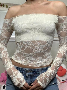 Mesh Lace Long Sleeve Tube Top - AnotherChill Crop Top Blanco, Crop Top Aesthetic, Lace Knit Top, Off Shoulder T Shirt, Slim Fit Crop Top, Bandeau Tops, Vintage Crop Tops, Knit Style, 90s Grunge