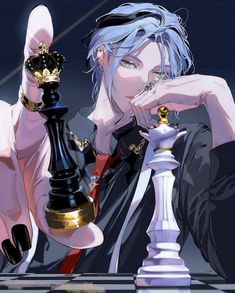 a woman with blue hair holding a black and white chess piece