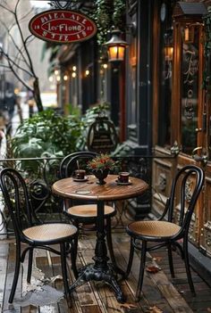 an outdoor cafe with tables and chairs on the sidewalk in front of it, surrounded by potted plants