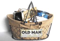 an old man survival tool kit in a basket