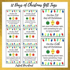 twelve days of christmas gift tags with the text 12 days of christmas gifts on them