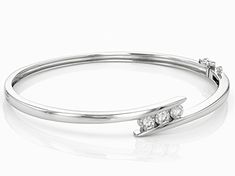 Moissanite Fire® .99ctw diamond equivalent weight round, Platineve® bangle bracelet. Measures approximately 7 & 1/4" L x 5/16" W and has a box clasp with stainless steel tongue. Actual moissanite weight is .87ctw. Box Clasp, Bangle Bracelet, A Box, Bangle Bracelets, Bangles, Stainless Steel, Bracelet