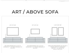 the art / above sofa is shown in three different sizes and widths, along with measurements