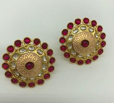 "Meenakari Kundan stud earrings,Sabyasachi Kundan studs,Jadau kundan stud earrings,Meenakari earrings,Kundan wedding jewelry@AryaFashions Beautiful high quality Traditional Indian Wedding earrings with Kundan, Stones and Meena work. Very beautiful and attractive, These sophisticated glittering earrings have high-end Kundan stones in Meena setting. Features - Traditional Kundan/Polki/Meenakari earrings pair - Handcrafted To Perfection - Unique boutique design - Perfect for Indian Weddings and Cel Indian Wedding Earrings, Polki Studs, Studs Indian, Kundan Studs, Meenakari Earrings, Earrings Kundan, Ruby Bangles, Earrings Indian, Traditional Indian Wedding