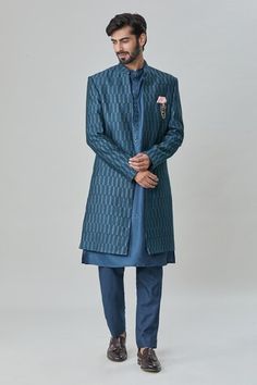 Teal blue sherwani with mirror, thread and sequins embroidery. Comes with pant and a kurta. - Aza Fashions Designer Blue Traditional Wear With Dabka Work, Designer Blue Kurta For Transitional Seasons, Designer Blue Traditional Wear For Reception, Designer Blue Sets With Dabka Detailing, Blue Bandhgala With Mirror Work For Festive Occasions, Blue Bollywood Bandhgala With Mirror Work, Designer Blue Kurta For Festive Occasions, Designer Blue Traditional Wear For Festive Season, Designer Blue Sherwani With Dabka Work