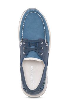 A well-balanced boat shoe features a rubber sneaker-inspired sole with a soft padded insole and tongue for wearable comfort, right out of the box. Leather upper/textile lining/rubber sole Imported Navy Casual Sneakers With Stitched Sole, Casual Low-top Boat Shoes With Rubber Sole, Canvas Slip-on Boat Shoes With Rubber Sole, Casual Boat Shoes With Plain Toe, Casual Low-top Boat Shoes With Textured Sole, Casual Leather Low-top Boat Shoes, Canvas Boat Shoes With Rubber Sole, Navy Slip-on Sneakers For Outdoor, Leather Low-top Boat Shoes With Cushioned Footbed