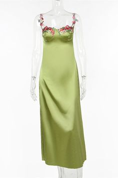 Expertly crafted with delicate floral embroidery, this Princess Green Maxi Dress is a must-have for any fashion-forward individual. The dress features adjustable straps and a zipper back for a comfortable and flattering fit. Perfect for any occasion, this dress is sure to make a statement. ♡ SKU: FV12910 ♡ Shown Color: Green ♡ Fabric: Satin ♡Fully lined & Built with bra ♡ Our dresses run true to size. ♡ Besides stand sizes 2-16, we still offer free custom size, which requires the next size: Bust:___ inch/cmWaist:___ inch/cmHips:___ inch/cmHollow to Hem___inch/cm (for the short dress) ;Hollow to Floor___inch/cm (for the long dress)Height:___ inch/cmYou can email me your specific size, before or after your order. Or add your measurements to the note box when you check out. Spring Embroidered Dress With Straight Neckline, Summer Embroidered Dress With Straight Neckline, Spring Satin Dress With Floral Embroidery, Spring Green Embroidered Party Dress, Spring Green Embroidered Dress For Party, Summer Dresses With Floral Embroidery And Spaghetti Straps, Spring Party Green Embroidered Dress, Sleeveless Satin Dress With Floral Embroidery, Summer Floral Embroidered Spaghetti Strap Dress