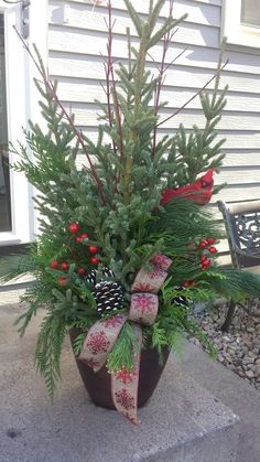 a potted plant with pine cones and red berries tied to it, sitting on the front porch