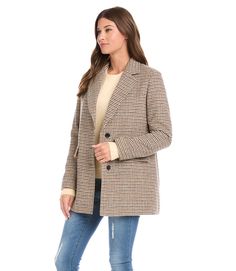 You can never go wrong with a beautiful blazer to elevate an outfit. Richly textured yarns come together to create our Helena polished houndstooth blazer. It's tailored from a cozy wool blend and lined with luxurious silky charmeuse. This classic blazer is versatile enough for the office or after hours. FINAL SALE - No returns or exchanges. Color- Houndstooth- Brown, black and cream. Lined. Button down Flap pockets. Fabric- 55% Polyester. 26% Acrylic. 8% Viscose. 6% Polyamide. 5% Wool Dry clean Fall Workwear Sport Coat With Houndstooth Pattern, Fall Houndstooth Blazer With Notch Lapel, Fall Houndstooth Sport Coat For Workwear, Fall Houndstooth Sport Coat For Work, Fall Business Casual Blazer In Houndstooth Pattern, Tailored Winter Blazer With Houndstooth Pattern, Fall Business Casual Houndstooth Blazer, Tailored Houndstooth Blazer For Winter, Fall Business Casual Blazer With Houndstooth Pattern