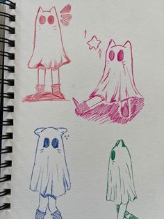 three different colored drawings on paper with one drawing of a ghost and the other drawing of a cat