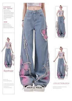 [Brand] Rayohopp ■ Details Denim pants with a butterfly design. The wide silhouette makes it easy to handle, and the Y2K vibe gives it a sophisticated style. Recommended for those who want to create a baggy street style look. ■ Color black / blue ■ Fabric cotton (75%) / polyester (25%) ■ Model Size M / 160cm / 45kg * T Baggy Street Style, Korean Clothing Brands, Baggy Jeans For Women, Cute Pants, Korean Street, Y2k Outfits, Denim Details, Wide Pants, Really Cute Outfits