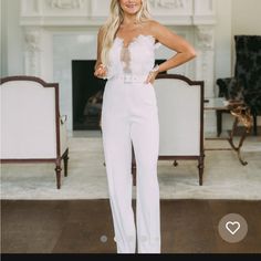 These Three Boutique Size M Never Worn Elegant High Waist Strapless Jumpsuit For Spring, Elegant High-waist Strapless Jumpsuit For Spring, Elegant Slim Fit Pants For Brunch, Spring Wedding High Waist Pants, Fitted Strapless Jumpsuit For Brunch, Strapless Fitted Jumpsuit For Brunch, White Strapless Bottoms For Spring, Spring Wedding Fitted Strapless Jumpsuit, Spring Wedding Strapless Fitted Jumpsuit