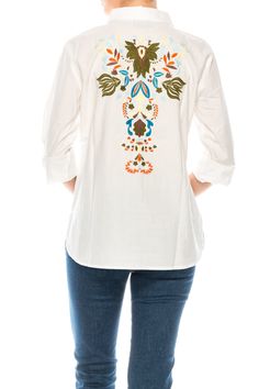 This button-down shirt is made from 100% natural cotton, and features an exquisite floral embroidery on the back. Model is 5’8” - wearing size small. Model Bust: 34” Hand-wash cold, lay flat to dry.Made in India. Cotton Button-up Blouse With Floral Embroidery, Fall Cotton Blouse With Floral Embroidery, Cotton Shirt With Floral Embroidery And Relaxed Fit, Embroidered Cotton Button-up Top, Bohemian Embroidered Button-up Shirt, Embroidered Cotton Button-up Shirt, Cotton Button-up Shirt With Floral Embroidery, Cotton Button-up Top With Floral Embroidery, Floral Embroidered Cotton Button-up Shirt