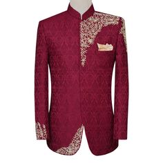 Self motif jamawar maroon prince coat Formal Embroidered Sherwani For Fall, Elegant Embroidered Bandhgala For Fall, Elegant Embroidered Outerwear For Festivals, Elegant Nehru Jacket With Resham Embroidery For Fall, Elegant Kurta With Zari Work For Fall, Elegant Embroidered Jamawar Bandhgala, Elegant Nehru Jacket With Intricate Embroidery For Fall, Elegant Fall Bandhgala With Zari Work, Elegant Long Coat Outerwear For Festive Season