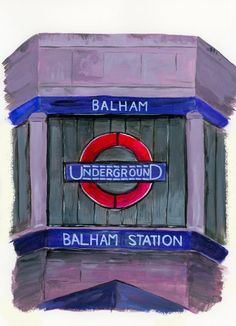 a drawing of the underground station in london, with blue and red lettering on it