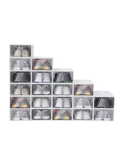 stacking bins filled with various pairs of shoes