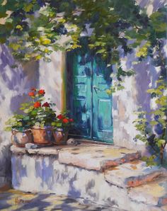 an oil painting of flowers and potted plants in front of a blue door