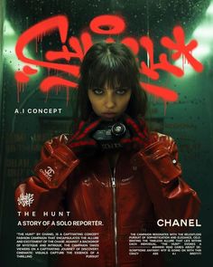 a woman in red jacket standing next to a wall with graffiti on it and the words chanel above her head