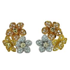 These stunning 18k Diamond Floral Earrings feature a total of 2.19 carats of sparkling diamonds, including a 0.90 carat yellow diamond and 1.29 carats of white diamonds. Crafted in 18k white, yellow and rose gold, these earrings are in excellent condition with minimal wear for their age. Marked with "T864" and "750" for authenticity. Elevate your look with these elegant and timeless statement pieces. 18k Diamond Floral Earrings Condition: In good condition with some minor surface wear consistent with age. Markings: "T864" "750" Metal: 18k White, Yellow and Rose Gold Weight: 11.89 grams Yellow Diamond: 0.90 carats  White Diamond: 1.29 carats Luxury Yellow Diamond Earrings For Wedding, Luxury Yellow Diamond Cut Earrings, Elegant Yellow Diamond Earrings, Yellow Diamond Earrings For Formal Occasions, Formal Yellow Diamond Earrings, Yellow Diamond Earrings With Diamond Accents For Wedding, Yellow Diamond Earrings With Accents For Wedding, Wedding Yellow Diamond Earrings With Accents, Yellow Diamond Earrings In Fine Jewelry Style