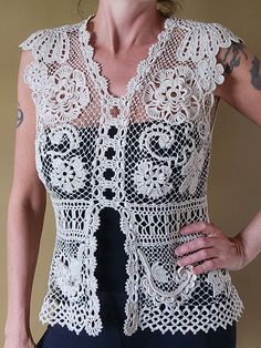 Handmade crochet Irish lace top. Made from "Artiste" Egyptian cotton thread.  Color - Antique (off-white). Size Medium. Bohemian Crochet Lace For Spring, Spring Bohemian Crochet Lace, Sleeveless Lace Patchwork For Summer, Cream Lace Top For Beach, Cream Lace Top For The Beach, Spring Crochet Lace Top With Lace Work, Beige Crochet Lace For Spring, Spring Lace Crochet Top With Lace Work, Spring Beige Crochet Lace