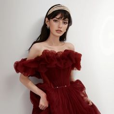 Olivia Mark - Red Shoulder Evening Gown Red Tulle Prom Dress, Burgundy Evening Dress, Beaded Party Dress, Professional Dress, Tulle Evening Dress, Formal Dresses Short, Evening Dresses Elegant, Tulle Prom Dress, Professional Dresses