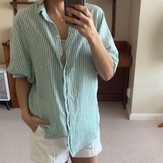 New With Tags, Size Xs, Worn A Bit Oversized For The Relaxed Look. Gorgeous Green And White Strip Pattern And Sleeve Detail. Looks Very Similar To The Madewell Central Shirt In Mint Green Summer Button-up Shirt For Loungewear, Relaxed Beach Button-up Shirt, Relaxed Fit Summer Loungewear Shirt, Relaxed Button-up Beach Shirt, Relaxed Fit Shirt For Summer Loungewear, Relaxed Fit Loungewear Shirt For Summer, Striped Relaxed Fit Beach Shirt, Relaxed Striped Summer Tops, Striped Relaxed Fit Shirt For Beach