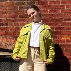 "70s Cute green jacket! Fun piece for fall, wear opened or buttoned up! Tagged size M. Fits true to size. Best fits small-M. White Top stitching detailing. White buttons on front button closure! Two front pockets.  Measurements:  Bust/Chest: 44\" Waist: 40\" Hem: 37\" Length: 22.5\" Shoulder to Shoulder: 17\" Sleeve Length: 24\" Cuff/Armhole Opening Condition: Few thread snags, few small brown stains on sleeve less than half an inch, back has what looks like small pen mark" Green Utility Jacket With Button Closure For Fall, Green Spring Outerwear With Buttoned Pockets, Green Outerwear With Buttoned Pockets For Spring, Green Utility Jacket With Pockets For Fall, Trendy Green Utility Jacket With Pockets, Casual Green Single Breasted Utility Jacket, Casual Green Utility Jacket For Fall, Spring Olive Single-breasted Outerwear, Green Utility Jacket With Buttoned Pockets