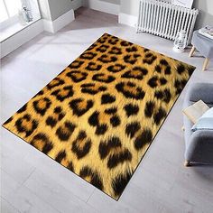 a leopard print area rug in a living room