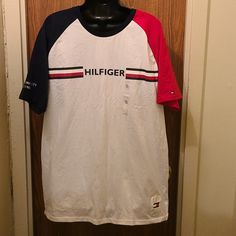 Color Red~ White ~Blue New With Tag Casual Red Tommy Hilfiger T-shirt, White Cotton Tommy Hilfiger T-shirt, Tommy Hilfiger White Crew Neck Top, Tommy Hilfiger Red Short Sleeve Top, Tommy Hilfiger Red Crew Neck Top, Tommy Hilfiger White T-shirt With Graphic Print, Red Cotton Tommy Hilfiger Tops, Tommy Hilfiger White Crew Neck Shirt, Tommy Hilfiger Red Cotton Top