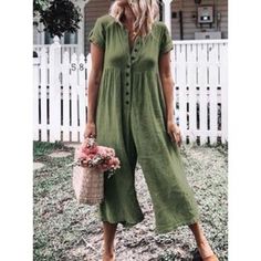 This Loose Fitting Jumpsuit Is Very Stylish And Lightweight. The Color Is A Lovely Olive Green. There Are Buttons Up The Front And A Cap Sleeve Detail. Size Small. Nwot Spring V-neck Jumpsuits And Rompers With Buttons, Summer V-neck Jumpsuits And Rompers With Buttons, Casual V-neck Jumpsuits And Rompers With Button Closure, Casual V-neck Jumpsuit With Button Closure, Green Button-up Jumpsuits And Rompers, Summer Casual Button-up Jumpsuits And Rompers, Casual Summer Button-up Jumpsuits And Rompers, Summer Short Sleeve Jumpsuits And Rompers With Button Closure, Spring Solid Color Jumpsuits And Rompers With Buttons