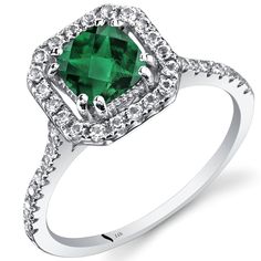 Add a pop of color with this Forest Green Hue Emerald Ring. Sparkly 14 Karat White Gold makes this ultra luxurious without the high price. Style R62410 Cushion Cut Halo Ring, Cushion Cut Halo, Cuff Bracelets Handmade, Gold Cushions, Cushion Cut Ring, Ringe Gold, Gold Halo, Aquamarine Rings, Rings Cool