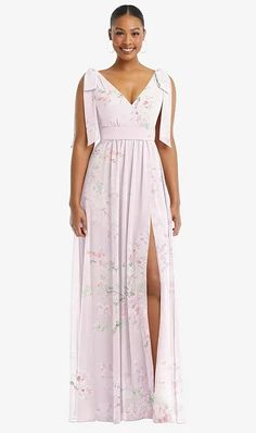 Plunge Neckline Bow Shoulder Empire Waist Chiffon Maxi Bridesmaid Dress In Watercolor Print | The Dessy Group Shirred Skirt, Empire Waist Maxi Dress, Maid Of Honour Dresses, Sleeveless Gown, Infinity Dress, Dress Order, Plunge Neckline, Chiffon Maxi, Chiffon Maxi Dress