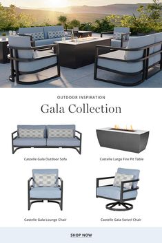 an outdoor fire pit with four different seating options and the words gala collection on it