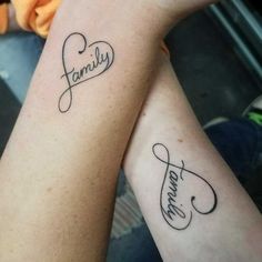 two people with tattoos on their arms that say family and one has a heart in the middle