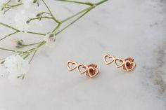 "\"A heart for love. A heart for life. A heart for you. Each heart a symbol to represent what you cherish the most!\" --Fairy Goldcharm ♥♥ CUSTOMIZATION ---> Available in yellow, white, and rose gold. ♥♥ DETAILS These triple heart studs are 1.3cm x 0.5cm (approx. 0.5in x 0.2in). Earring backs included. ♥♥ MATERIALS All our items are made of 9 karats, 14 karats or 18 karats solid gold upon request. We like to use yellow gold, white gold and rose gold to please your color of choice. Use the dro Heart Earrings For Wedding On Mother's Day, Pierced Heart Earrings For Wedding On Mother's Day, Rose Gold Heart Earrings For Valentine's Anniversary, Rose Gold Double Heart Earrings For Mother's Day, Rose Gold Heart Earrings For Anniversary And Valentine's Day, Rose Gold Heart Cut Earrings For Wedding, Valentine's Day Heart Earrings For Anniversary Gift, Rose Gold Pierced Heart Earrings For Anniversary, Rose Gold Hypoallergenic Earrings For Valentine's Day