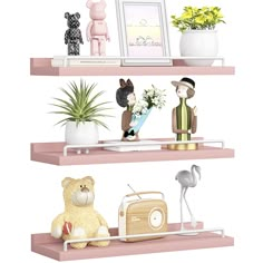 three shelves with various items on them and one has a teddy bear, an antelope