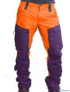 OrcaJump - 100% Cotton Mens Cargo Pants Multi-Pocket Elastic Cuffs Patchwork Sports Stylish Purple Orange Comfortable Breathable Full Length Daily Going Full-length Work Pants With Pockets For Outdoor, Outdoor Full-length Work Pants With Pockets, Outdoor Pants With Patch Pockets, Full-length Cargo Pants With Pockets For Outdoor Work, Full-length Cargo Pants For Outdoor Work, Cotton Parachute Pants With Pockets For Sports, Hiking Trousers With Pockets, Cotton Hiking Pants With Pockets, Orange Bottoms With Pockets For Outdoor