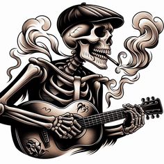 skeleton tattoo with Thomas Shelby's signature flat cap and a smoke trailing from its mouth, play a guitar Voodoo Skull Tattoo, Rock And Roll Skeleton, Grave Tattoo, Trumpet Tattoo, Skeleton Playing Guitar, Skull Guitar, Skeleton Tattoo, Cool Symbols, Skeleton Drawings