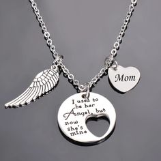 Angel Wing Charm Memorial Necklace, "I Used To Be Her Angel Now She's Mine" Mom. In Memory Of Loved One, Mom This Pendant & Chain Is Made Of Stainless Steel, Nickle & Lead Free, It Will Not Fade, Deformation Or Rust Over Time. Pendant & Necklaces Size 25mm,With 20" Stainless Steel Chain . Wonderful Keepsakes. Memorial Necklace, Necklace Sizes, Steel Chain, Stainless Steel Chain, Angel Wings, Pendant Necklaces, Womens Jewelry Necklace, Rust, Jewelry Necklaces