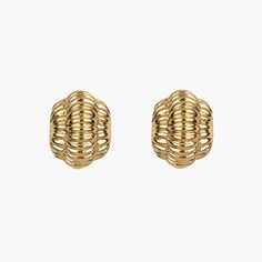 Introducing the Damaris Earring - Gold: a stunning pair of nickel-free ribbed dome studs. Crafted in 18K gold, these earrings showcase a rounded, shell-like design against a pristine white background. Gold Plated Clip-on Plug Earrings, Gold Brass Clip-on Plug Earrings, Classic Brass Earrings With Plating, Tarnish Resistant Yellow Gold Brass Earrings, Yellow Gold Brass Clip-on Earrings, Classic Brass Plated Earrings, Yellow Gold Clip-on Earrings Made Of Brass, Gold-tone Clip-on Gold-plated Earrings, Gold-tone Clip-on Gold Plated Earrings