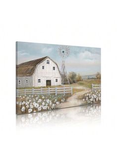 a painting of a farm with a windmill in the background