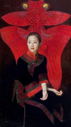 a painting of a woman with an umbrella over her head and red wings above her head