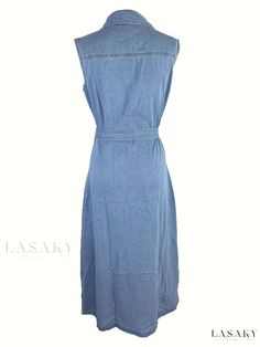 Lasaky - Tailored Navy Blue Sleeveless Lapel Denim Dress with Single-Breasted Button Flap Pockets and Waistband - Exquisite Womens Denim Clothing Denim Blue Denim Vest For Summer Workwear, Summer Workwear Denim Blue Denim Vest, Denim Blue Workwear Vest For Summer, Summer Workwear Denim Vest With Button Closure, Sleeveless Denim Dress For Summer Workwear, Sleeveless Denim Dress For Work, Sleeveless Denim Dress For Summer Daywear, Sleeveless Denim Daywear Dress, Sleeveless Denim Dress For Daywear